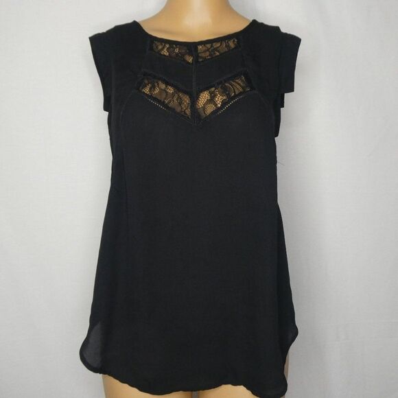 Sam Edelman Lace Insert Blouse Cap Sleeve Black Sm - Picture 1 of 10